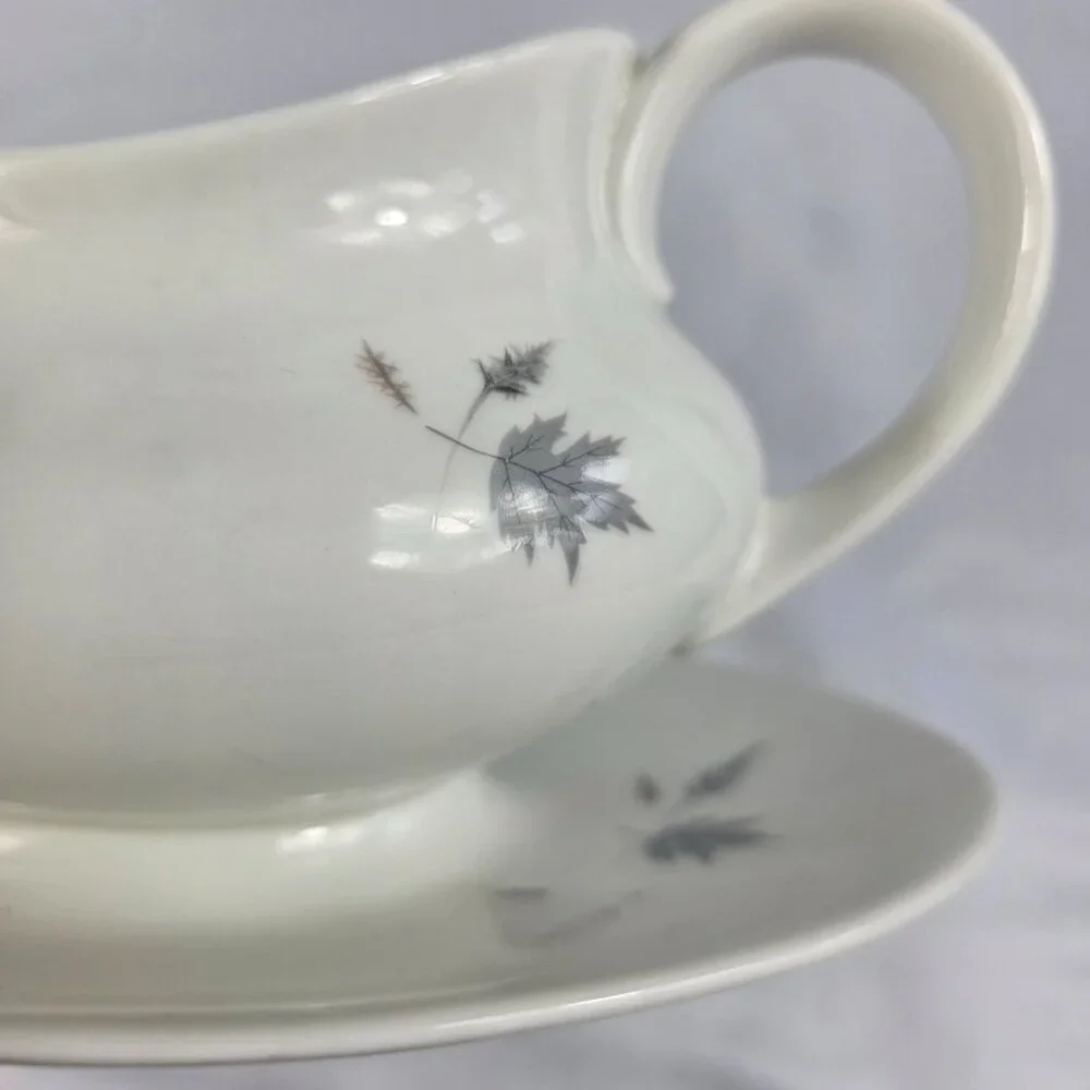 Royal Doulton Tumbling Leaves Gravy Boat & Underplate Gray & Pink Leaves